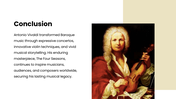Antonio Vivaldi presentation with portraits, Baroque music timeline, charts, Four Seasons, musical style, and legacy panels. - slide 10