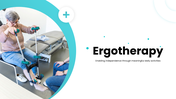 Ergotherapy slides with therapy images, assessment steps, daily activities, benefits, turquoise shapes - slide 1