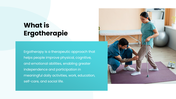 Ergotherapy slides with therapy images, assessment steps, daily activities, benefits, turquoise shapes - slide 2