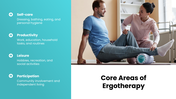 Ergotherapy slides with therapy images, assessment steps, daily activities, benefits, turquoise shapes - slide 3