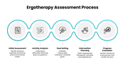 Ergotherapy slides with therapy images, assessment steps, daily activities, benefits, turquoise shapes - slide 4