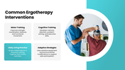 Ergotherapy slides with therapy images, assessment steps, daily activities, benefits, turquoise shapes - slide 5