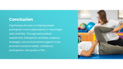 Ergotherapy slides with therapy images, assessment steps, daily activities, benefits, turquoise shapes - slide 10