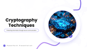 Cryptography Techniques PPT with encryption diagrams, security icons, comparison charts, purple-blue shapes - slide 1