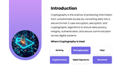 Cryptography Techniques PPT with encryption diagrams, security icons, comparison charts, purple-blue shapes - slide 2