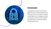 Cryptography Techniques PPT with encryption diagrams, security icons, comparison charts, purple-blue shapes - slide 10