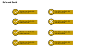 PowerPoint checklist template with do's and don'ts, featuring checkmarks and cross icons in alternating sections.