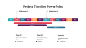 Project timeline showing milestones and tasks from January to December, with color coded task progress indicators.