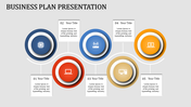 Business plan layout with five colorful circular icons, connected on a wavy line, with text boxes, on a gray background.