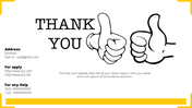 A thank you slide featuring contact information, including address, email, and phone number, with two thumbs up icons.