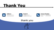 A thank you slide featuring contact details like address, email, and phone number, with a pair of hands clapping at the bottom.