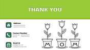 Minimalistic thank you slide featuring green accent, contact information icons, and outlined flower illustrations.
