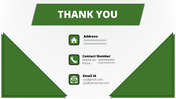 Professional thank-you slide with green panels in triangular accents and contact icons for address, phone, and email.