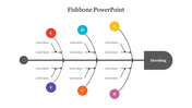 Fishbone diagram PowerPoint template with categories labeled A to F, illustrating causes and effects for analysis.
