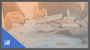 Sales and marketing plan template text overlaying an image of professionals discussing documents and graphs.