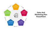 Five-color pentagonal diagram showing steps for a sales and marketing plan, centered around a lightbulb and clipboard icon.