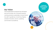 Vision slide featuring a teamwork image in a circular frame with blue and gold accents on a white background.