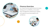 Financial themed slide with two round images of analytics charts, and a structured layout using blue and gold highlights.