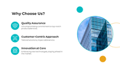 Slide with three left aligned text blocks with teal icons, and a right side circular image of a glass building.
