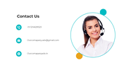 Contact us slide with three teal icons for phone, email, and LinkedIn, and a smiling woman with a headset in a circle.