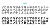 Slide featuring a teal heading and two groups of business related icons, one in outline style and the other in solid black.