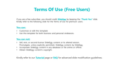 White background slide with a teal heading, black text, and bulleted lists explaining terms of use for free users.