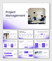 Blue themed project management slide with a circular layout showing six key elements around a central data image.