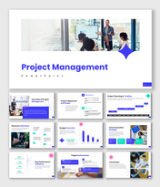 Project management presentation with blue theme, charts, timeline, budget overview, resource allocation and deliverables.