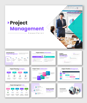 Project management presentation with multicolor design, timeline chart, goals, collaboration blocks and tools slides.