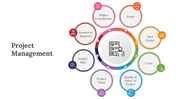 Project management infographic with a central icon and eight colorful circular segments around it, representing key areas.