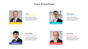 Team PPT slide introducing five team members with photos, names, roles, and brief descriptions.