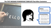 Slide featuring a hand placing letters, a woman's face illustration, and two text sections with placeholders text areas.