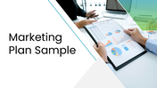 Sample Marketing Plan presentation with teal theme, charts, audience segmentation, objectives and strategy framework slides.