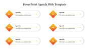 Six-step agenda template with numbered orange diamond shapes connected to horizontal text boxes.