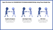 Six blue stickman figures grouped in pairs, representing three teams, arranged side by side on a white slide.