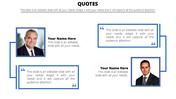 Quotes layout featuring two portrait photos, blue framed text boxes, and connectors on a white background.