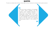 Quote layout with blue arrows on both sides, framing a block of placeholder text and quotation marks.
