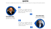 Quotes slide featuring two images inside blue-bordered circles, placeholders for quotes, and name captions.