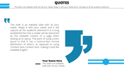 Blue quote slide with a large stylized quotation mark graphic on the right and placeholder text on the left.