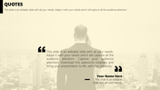 Quote slide with a blurred cityscape background, a man in a suit on the phone, black quote marks, and placeholder text areas.