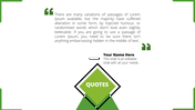 Quote slide with a green diamond shaped element at the bottom and a text area with quotation marks above.