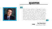 Quote slide with a blue-framed photo of a man in formal attire and a large text box with blue quotation marks.
