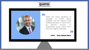 Blue and white quote slide with a circular photo and a text area on the right, bordered in black.