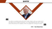 Quote slide featuring a photo of a man in a diamond shaped frame, with layout distractions and a section for speaker's name.