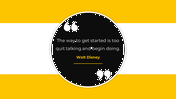 A circular black quote box with white quotation marks on a bold yellow and white striped background.