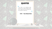 Quote slide with a white text area framed by light decor, featuring atom symbols and green rockets in the background.