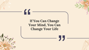 PowerPoint quote template with large quotation marks, floral corners, and centered placeholder for motivational text.