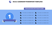 Slide featuring a large number icon with text areas, and leadership traits on a blue background.