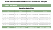Project dashboard with a table containing rows for tasks, dates, and signature for author, client, and manager approval.