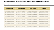Project risk assessment executive dashboard with four columns and multiple rows, all labeled as placeholder text.